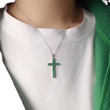 Load image into Gallery viewer, Classic Genuine Natural Emerald 925 Sterling Silver Cross Pendant Necklace. Buy from 100Sterling.com.
