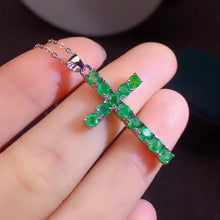 Load image into Gallery viewer, Classic Genuine Natural Emerald 925 Sterling Silver Cross Pendant Necklace. Buy from 100Sterling.com.