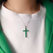 Load image into Gallery viewer, Classic Genuine Natural Emerald 925 Sterling Silver Cross Pendant Necklace. Buy from 100Sterling.com.