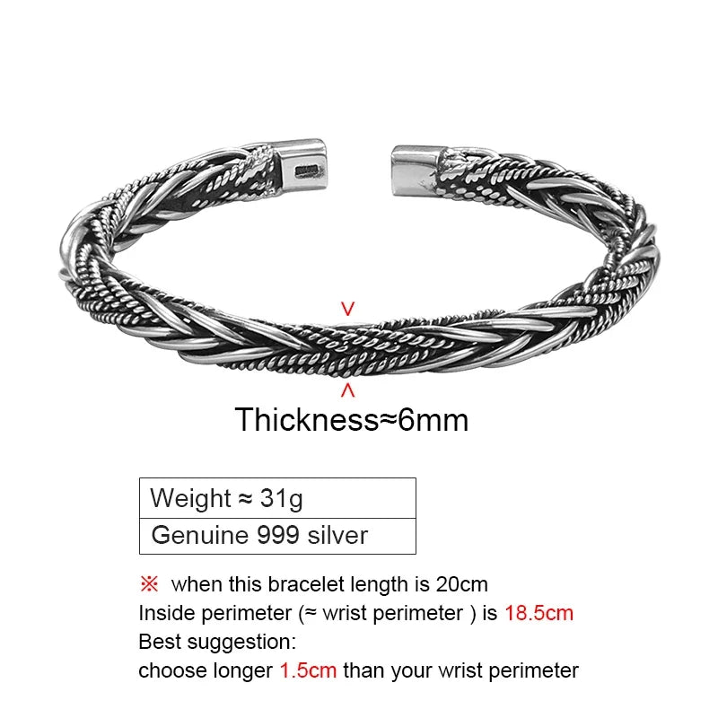 Retro S999 Sterling Silver Weave Design Cuff Bracelet