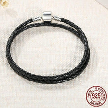 Load image into Gallery viewer, Sterling Silver & Black Leather Double Braided Rope Bracelet
