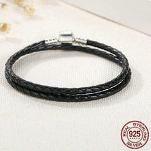 Load image into Gallery viewer, Sterling Silver & Black Leather Double Braided Rope Bracelet