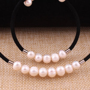 Contemporary Leather Weaved Natural Freshwater Pearl Necklace & Bracelet