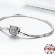 Load image into Gallery viewer, Sterling Silver Sparkling Cat Clasp Snake Chain Bracelet