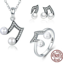 Load image into Gallery viewer, Sterling Silver & Fresh Water Pearl Musical Note Earrings Necklace & Ring, Sterling Silver Earrings, Sterling Silver Pearl Earrings, Music Earrings, Music Jewelry, 100Sterling.com, Musical Note Earrings, Orchestra Jewelry, Band Jewelry, Orchestra Accessories, Band Accessories, Sterling Silver Necklace, Sterling Silver Pearl Necklace, Sterling Silver Pearl Ring, Sterling Silver Music Jewelry, Sterling Silver Musical Note Set