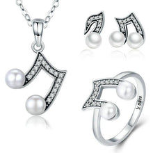 Load image into Gallery viewer, Sterling Silver &amp; Fresh Water Pearl Musical Note Earrings Necklace &amp; Ring, Sterling Silver Earrings, Sterling Silver Pearl Earrings, Music Earrings, Music Jewelry, 100Sterling.com, Musical Note Earrings, Orchestra Jewelry, Band Jewelry, Orchestra Accessories, Band Accessories, Sterling Silver Necklace, Sterling Silver Pearl Necklace, Sterling Silver Pearl Ring, Sterling Silver Music Jewelry, Sterling Silver Musical Note Set