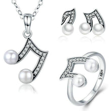 Load image into Gallery viewer, Sterling Silver & Fresh Water Pearl Musical Note Earrings Necklace & Ring, Sterling Silver Earrings, Sterling Silver Pearl Earrings, Music Earrings, Music Jewelry, 100Sterling.com, Musical Note Earrings, Orchestra Jewelry, Band Jewelry, Orchestra Accessories, Band Accessories, Sterling Silver Necklace, Sterling Silver Pearl Necklace, Sterling Silver Pearl Ring, Sterling Silver Music Jewelry, Sterling Silver Musical Note Set