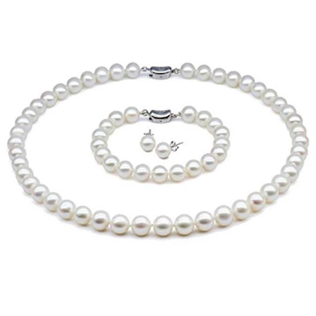 White Pearl Necklace, Earring and Bracelet Set, Wedding Jewelry, Bridal jewelry, Bridal Necklace, Pearl Necklace, Pearl Earrings, Pearl Bracelet, 100Sterling.com, Sterling Silver and pearls, Silver pearls, Pearl Jewelry, Pearls