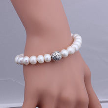 Load image into Gallery viewer, 9-9.5mm Freshwater Pearl & Solid 925 Sterling Silver Bead Bracelet, ELASTIC Pearl Bracelet, Freshwater Pearl Bracelet, Wedding Jewelry, Bridal Jewelry, Bridal Pearls, Wedding Pearls, Pearl Bracelet, 9.5mm Pearl Bracelet, 9mm Pearl Bracelet, Freshwater Pearl Bracelet, Large Pearls, Freshwater pearls, Classic Pearl Bracelet, 100Sterling.com, Wedding Jewelry, Anniversary pearls, Evening Pearls, Daytime Pearls, Fashion Pearls, White Pearls, White Pearl Bracelet, Sterling Silver Bead Pearls