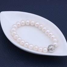 Load image into Gallery viewer, 9-9.5mm Freshwater Pearl & Solid 925 Sterling Silver Bead Bracelet, ELASTIC Pearl Bracelet, Freshwater Pearl Bracelet, Wedding Jewelry, Bridal Jewelry, Bridal Pearls, Wedding Pearls, Pearl Bracelet, 9.5mm Pearl Bracelet, 9mm Pearl Bracelet, Freshwater Pearl Bracelet, Large Pearls, Freshwater pearls, Classic Pearl Bracelet, 100Sterling.com, Wedding Jewelry, Anniversary pearls, Evening Pearls, Daytime Pearls, Fashion Pearls, White Pearls, White Pearl Bracelet, Sterling Silver Bead Pearls