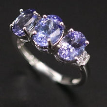 Load image into Gallery viewer, Genuine Three Stone Tanzanite Ring with a Sterling Silver Setting