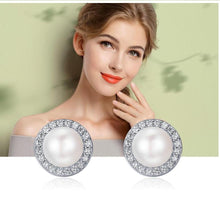 Load image into Gallery viewer, Sterling Silver Round Freshwater Pearl  &amp; Cubic Zirconia Stud Earrings