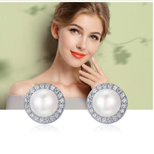 Load image into Gallery viewer, Sterling Silver Round Freshwater Pearl  & Cubic Zirconia Stud Earrings