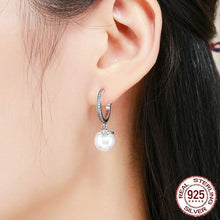 Load image into Gallery viewer, Dangling CZ & Sterling Silver Shell Pearl Earrings