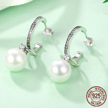 Load image into Gallery viewer, Dangling CZ &amp; Sterling Silver Shell Pearl Earrings