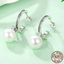 Load image into Gallery viewer, Dangling CZ & Sterling Silver Shell Pearl Earrings