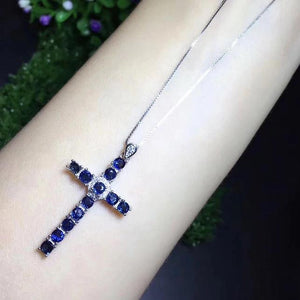 Genuine Sapphire & Sterling Silver Cross Pendent Necklace