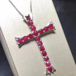 Genuine Ruby and 925 Sterling Silver Cross Necklace. Buy at 100Sterling.com