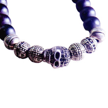 Load image into Gallery viewer, Sterling Silver Skull, Cross, and Obsidian Bead Bracelet. Buy from 100Sterling.com.