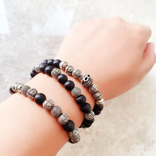 Load image into Gallery viewer, Sterling Silver Skull, Cross, and Obsidian Bead Bracelet. Buy from 100Sterling.com.