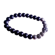 Load image into Gallery viewer, Sterling Silver Skull, Cross, and Obsidian Bead Bracelet. Buy from 100Sterling.com.