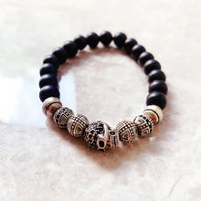 Load image into Gallery viewer, Sterling Silver Skull, Cross, and Obsidian Bead Bracelet. Buy from 100Sterling.com.