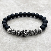 Load image into Gallery viewer, Sterling Silver Skull, Cross, and Obsidian Bead Bracelet. Buy from 100Sterling.com.
