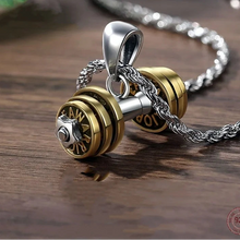 Load image into Gallery viewer, Retro 925 Sterling Silver and Gold Plated Dumbbell "Be A Warrior" Pendant, Buy at 100Sterling.com