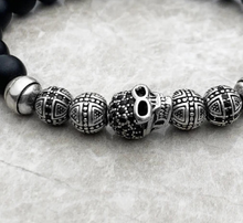 Load image into Gallery viewer, Sterling Silver Skull, Cross, and Obsidian Bead Bracelet
