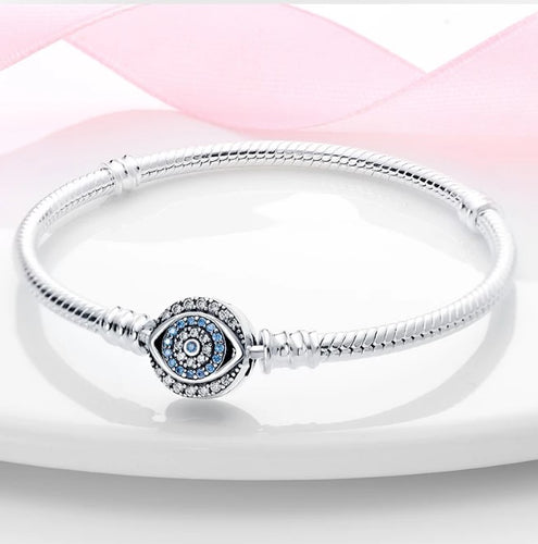 925 Sterling Silver Snake Chain Bracelet with Blue CZ Eye Clasp