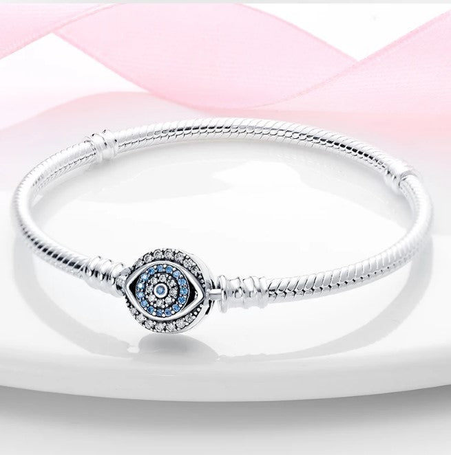 925 Sterling Silver Snake Chain Bracelet with Blue CZ Eye Clasp