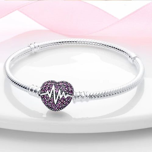 925 Sterling Silver Snake Chain Bracelet with Beating Heart CZ Clasp