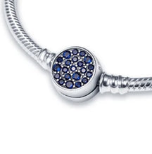 Load image into Gallery viewer, 925 Sterling Silver Snake Chain Bracelet with Blue CZ Dial Clasp. Buy from 100Sterling.com.