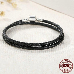Sterling Silver & Black Leather Double Braided Rope Bracelet