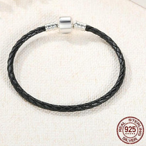 Sterling Silver & Black Leather Single Braided Rope Bracelet