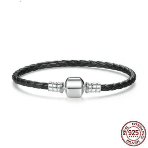 Sterling Silver & Black Leather Single Braided Rope Bracelet