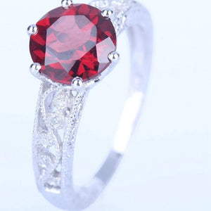 Sterling Silver Genuine  2.117 Carat Round Garnet Ring with Diamond Accents
