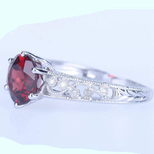 Sterling Silver Genuine  2.117 Carat Round Garnet Ring with Diamond Accents