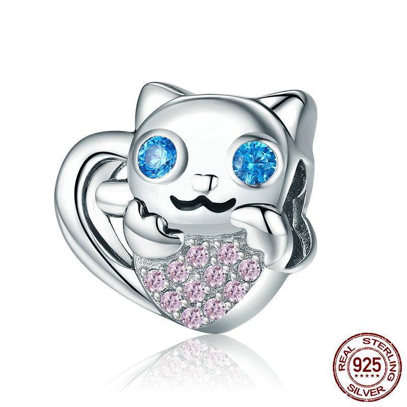 Sterling Silver & Cubic Zirconia Blue Eyed Cat Bead
