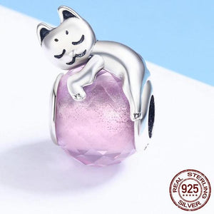 Sterling Silver Pink Jewel Sleeping Cat Bead