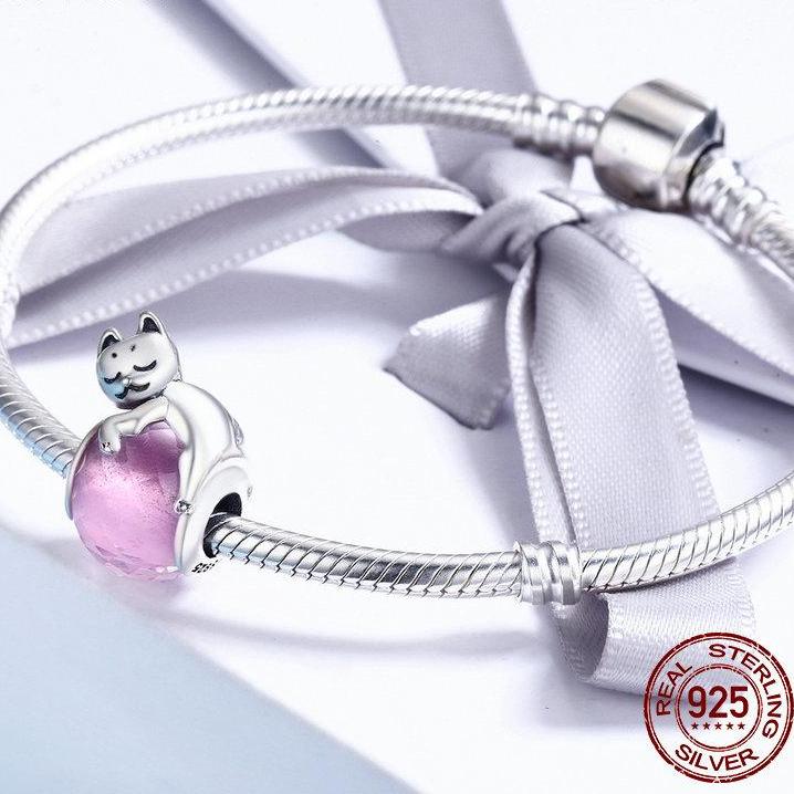 Trendy 925 Sterling Silver Naughty Cat Beads Meow Cat Animal Charm fit  Charm Bracelet DIY Jewelry Making for Girl Gift