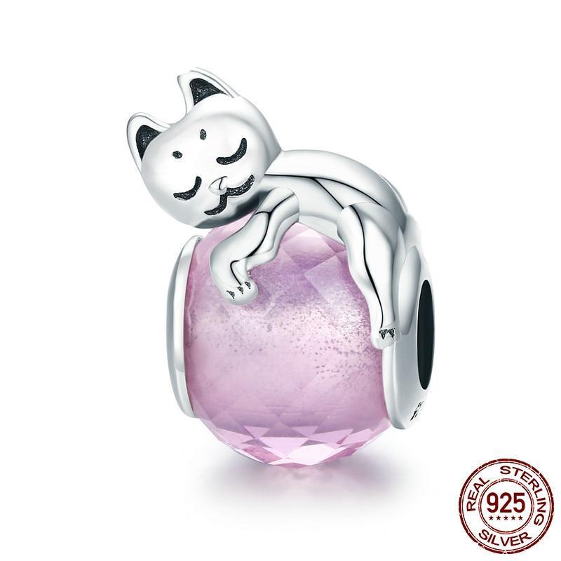 Sterling Silver Pink Jewel Sleeping Cat Bead – 100Sterling