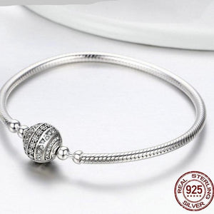 Sterling Silver Sparkling Round Clasp Snake Chain Bracelet