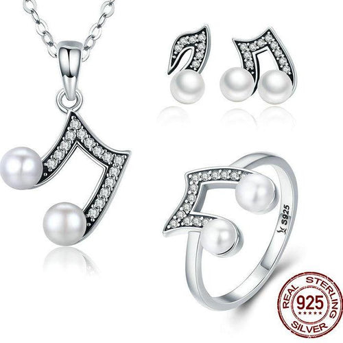 Sterling Silver & Fresh Water Pearl Musical Note Earrings Necklace & Ring, Sterling Silver Earrings, Sterling Silver Pearl Earrings, Music Earrings, Music Jewelry, 100Sterling.com, Musical Note Earrings, Orchestra Jewelry, Band Jewelry, Orchestra Accessories, Band Accessories, Sterling Silver Necklace, Sterling Silver Pearl Necklace, Sterling Silver Pearl Ring, Sterling Silver Music Jewelry, Sterling Silver Musical Note Set