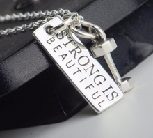 Load image into Gallery viewer, Sterling Silver &quot;STRONG IS BEAUTIFUL&quot; Barbell Pendent Necklace
