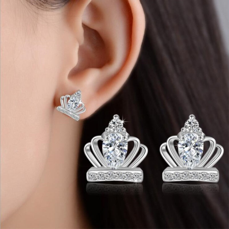 2pcs Cubic Zirconia Crown Ear Studs - Stainless Steel For Men & Women