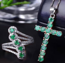 Load image into Gallery viewer, Genuine 12-Emerald &amp; Sterling Silver Cross Pendent Necklace with Matching 5-Emerald Ring