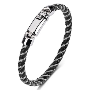 Braided Genuine Leather Bracelet Men with Stainless Steel Buckle Closure