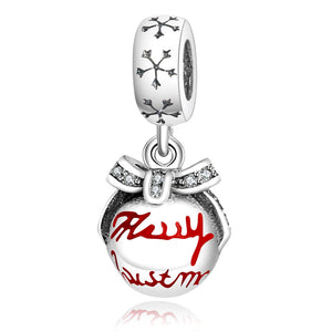 Sterling Silver Snowflake Dangling Merry Christmas Ornament Bead Charm