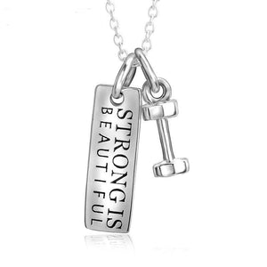 Sterling Silver "STRONG IS BEAUTIFUL" Barbell Pendent Necklace